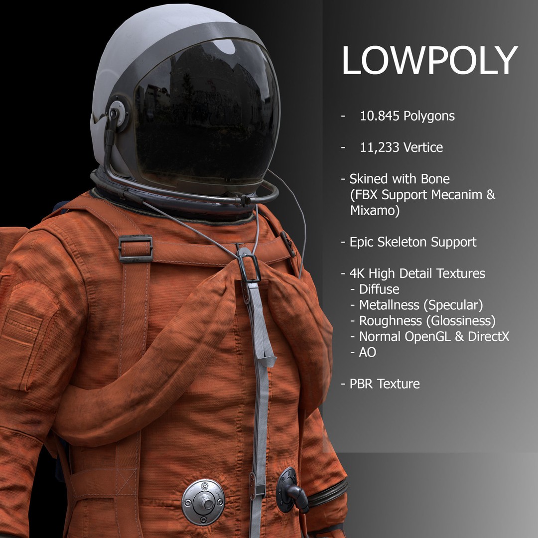 Male Space Suit 3D Model – Low Poly Game Asset, FBX, Rigged - View 3