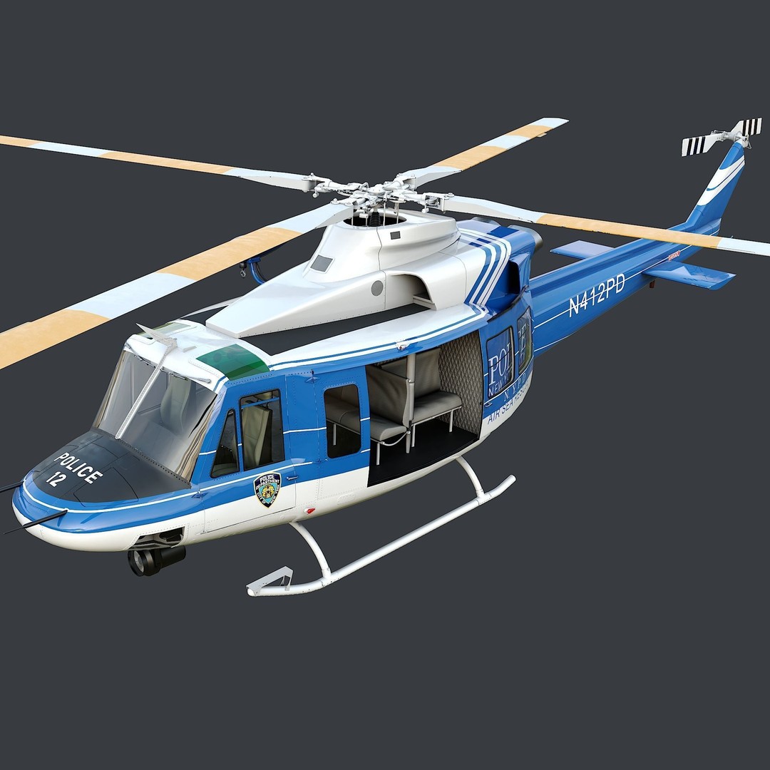 Bell-412 Helicopter 3D Model – Low Poly NYPD Aircraft, FBX - View 3
