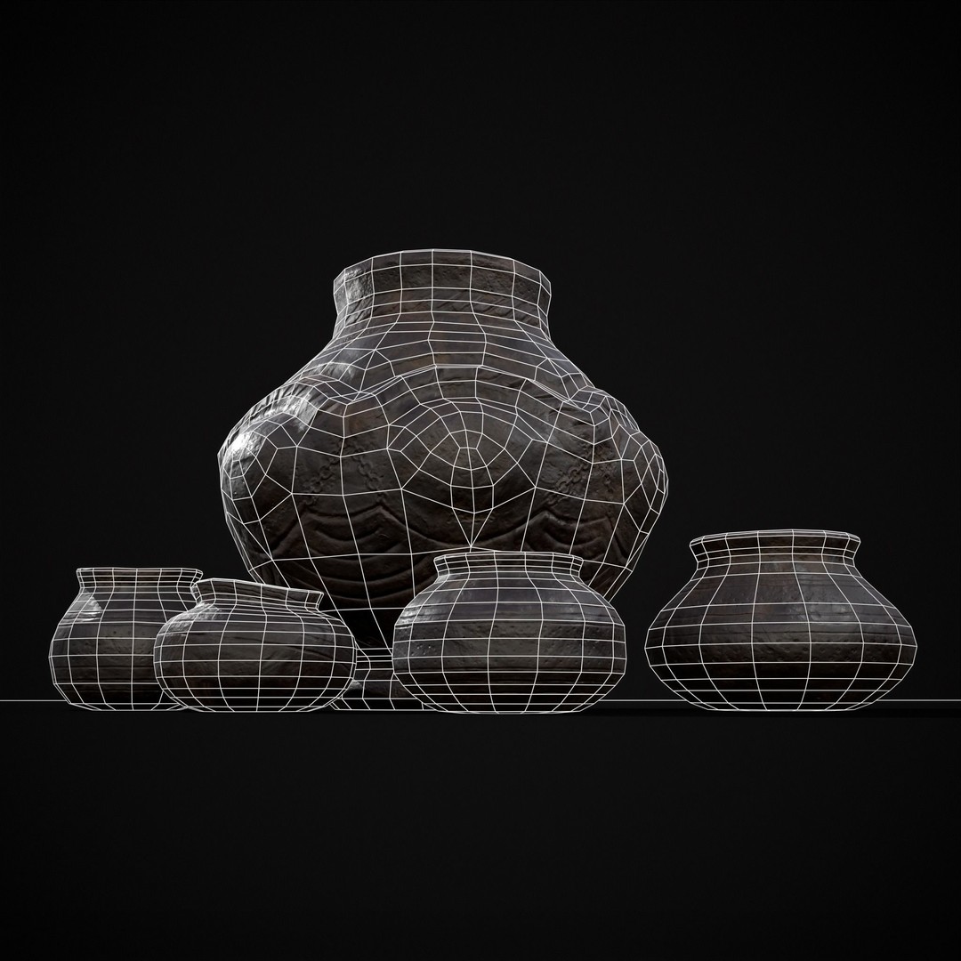 Sculpted Five Pottery Set 3D Model – Low Poly Kitchenware, FBX & OBJ