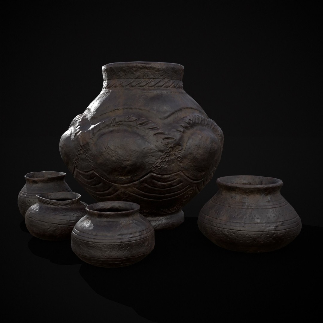 Sculpted Five Pottery Set 3D Model – Low Poly Kitchenware, FBX & OBJ - View 10