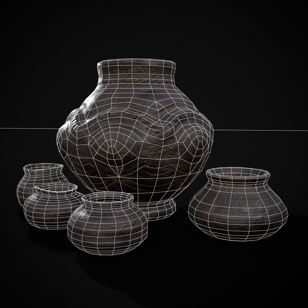 Sculpted Five Pottery Set 3D Model – Low Poly Kitchenware, FBX & OBJ - View 11