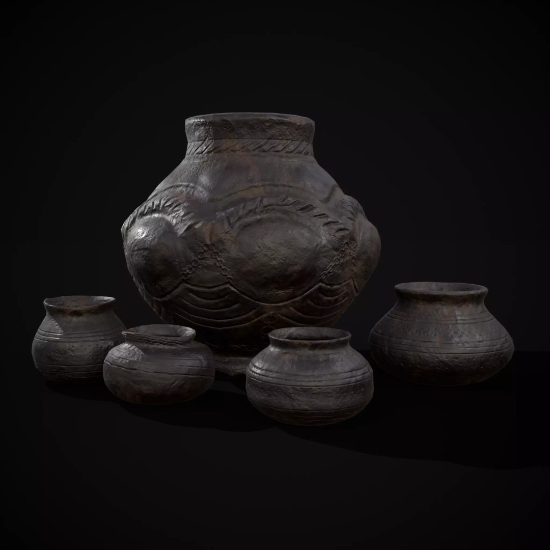 Sculpted Five Pottery Set 3D Model – Low Poly Kitchenware, FBX & OBJ - View 2