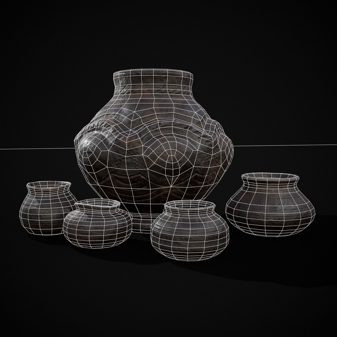 Sculpted Five Pottery Set 3D Model – Low Poly Kitchenware, FBX & OBJ - View 3