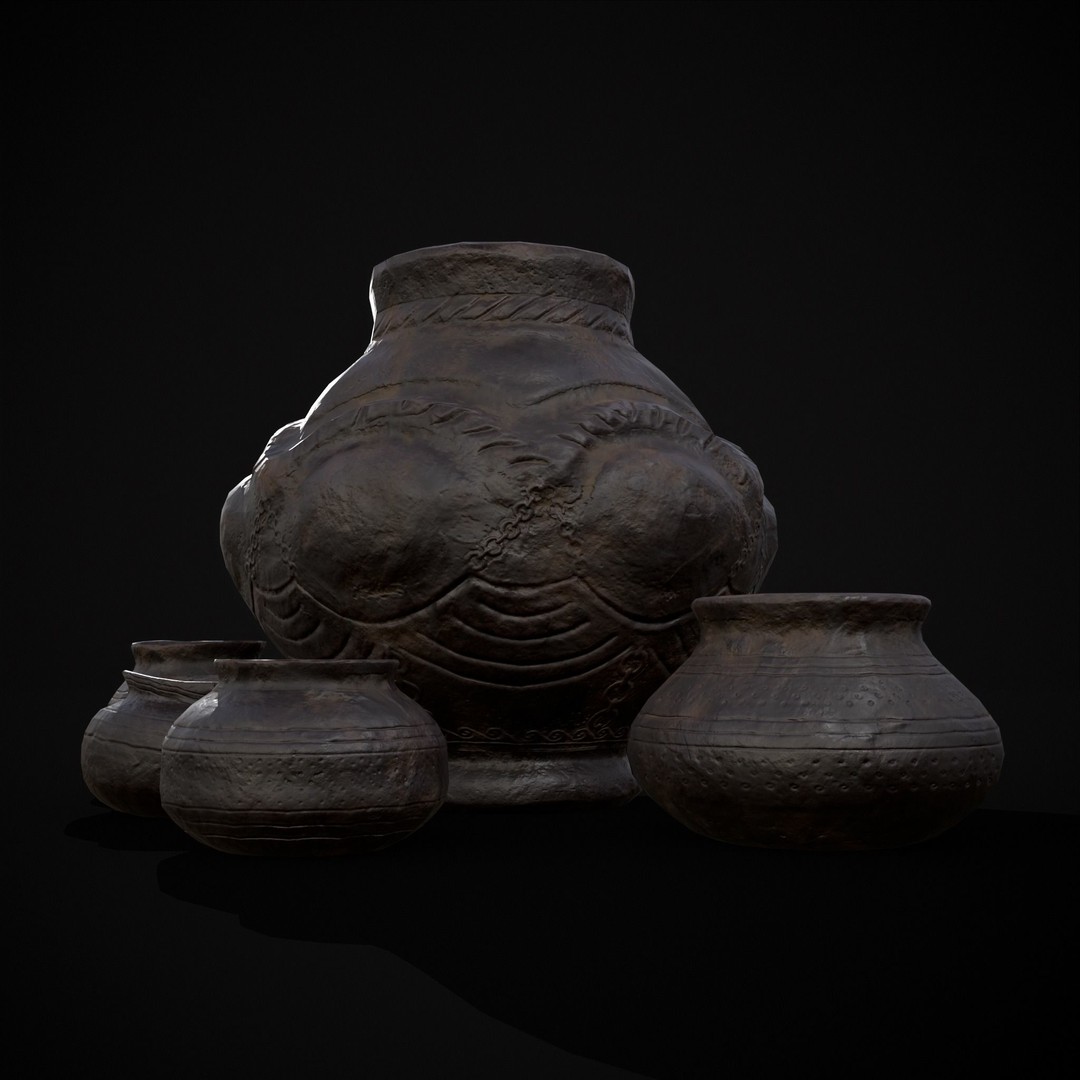 Sculpted Five Pottery Set 3D Model – Low Poly Kitchenware, FBX & OBJ - View 4