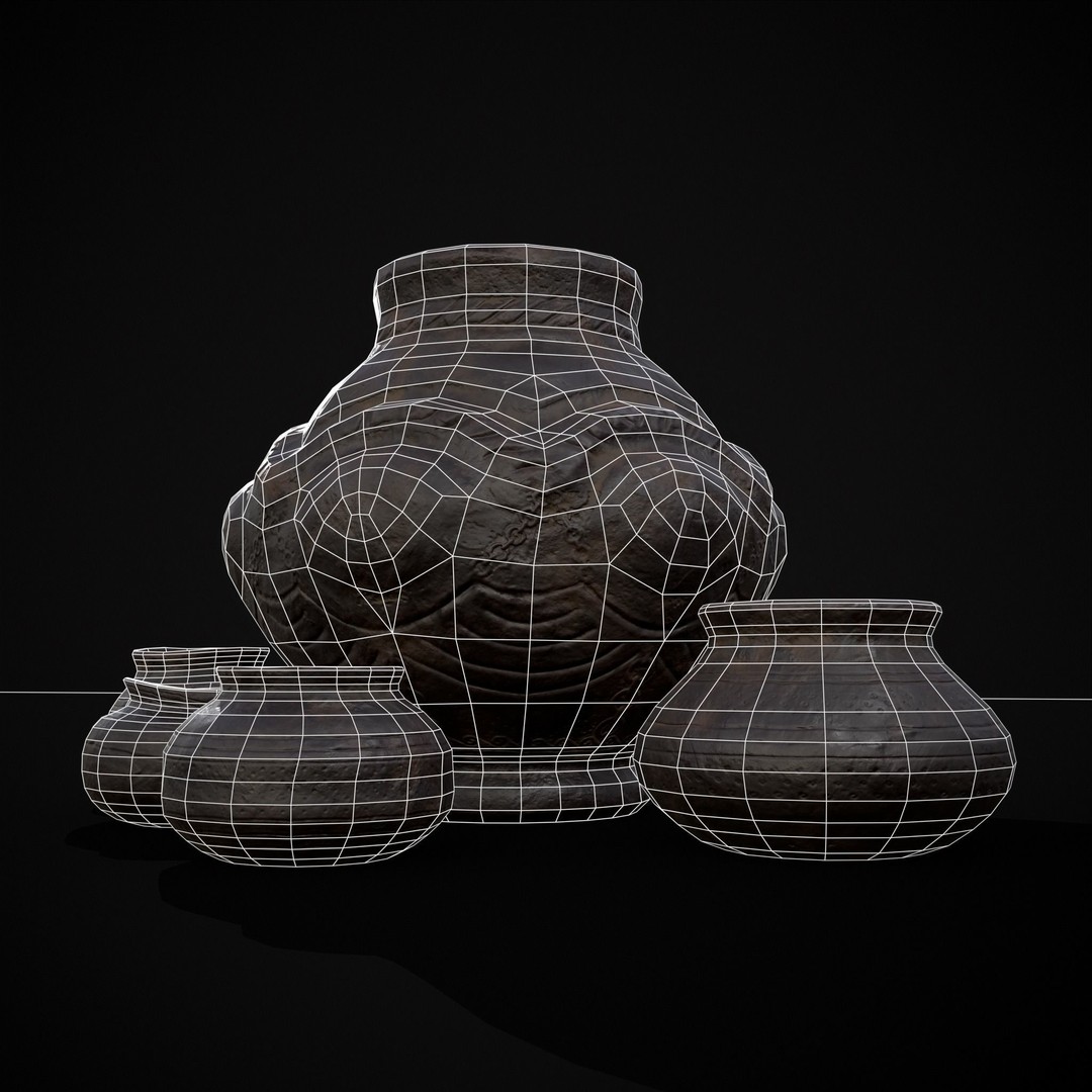 Sculpted Five Pottery Set 3D Model – Low Poly Kitchenware, FBX & OBJ - View 5