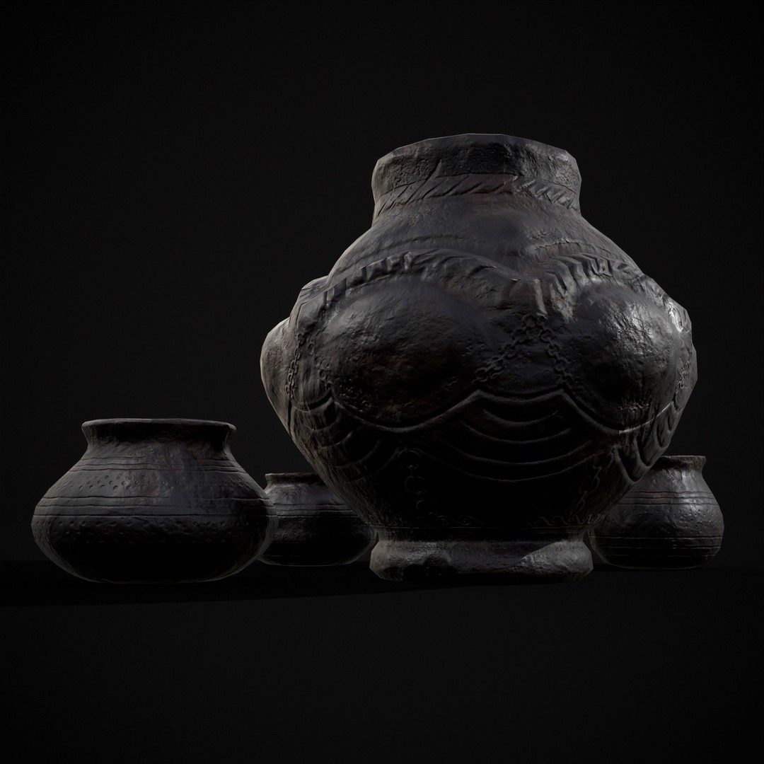 Sculpted Five Pottery Set 3D Model – Low Poly Kitchenware, FBX & OBJ - View 6