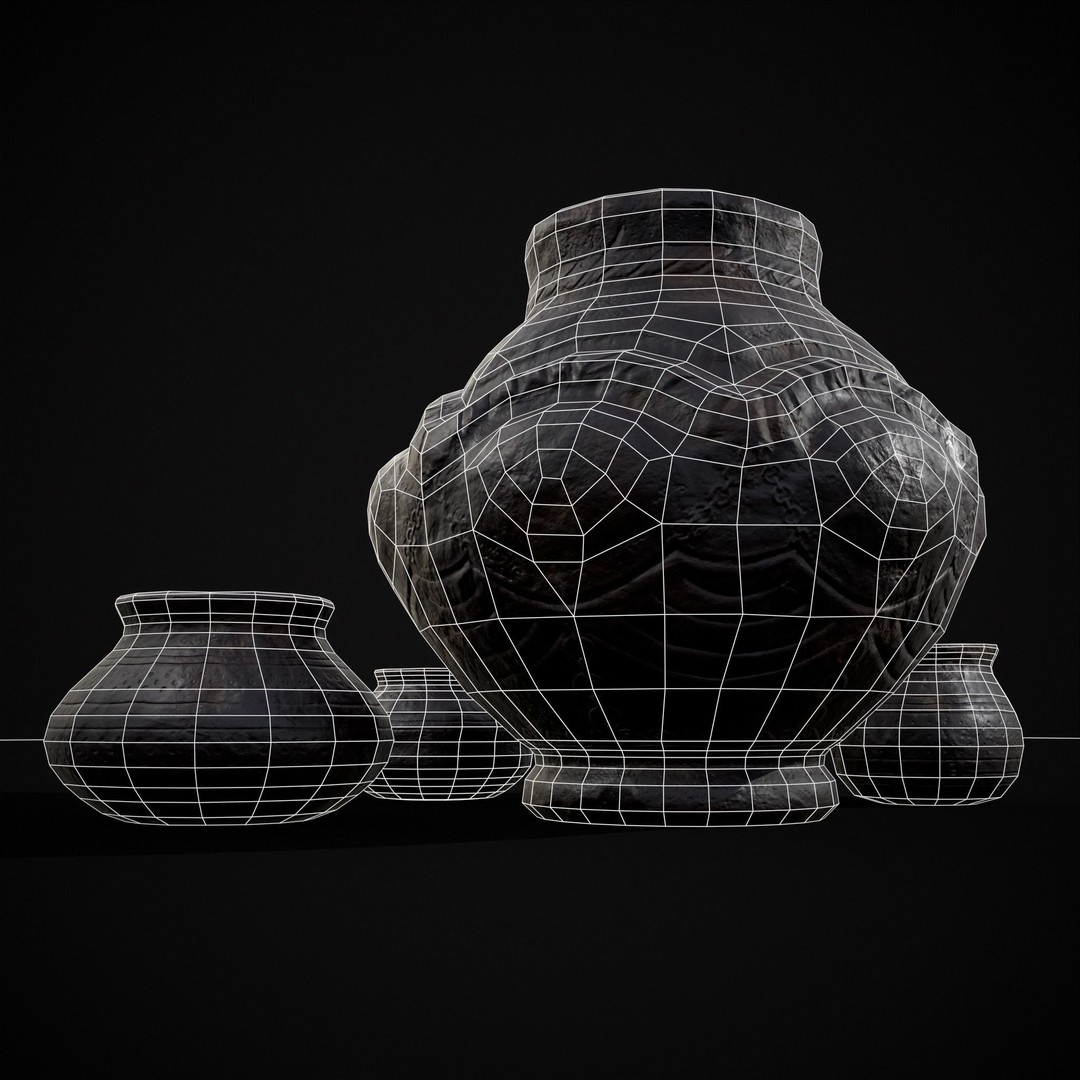 Sculpted Five Pottery Set 3D Model – Low Poly Kitchenware, FBX & OBJ - View 7