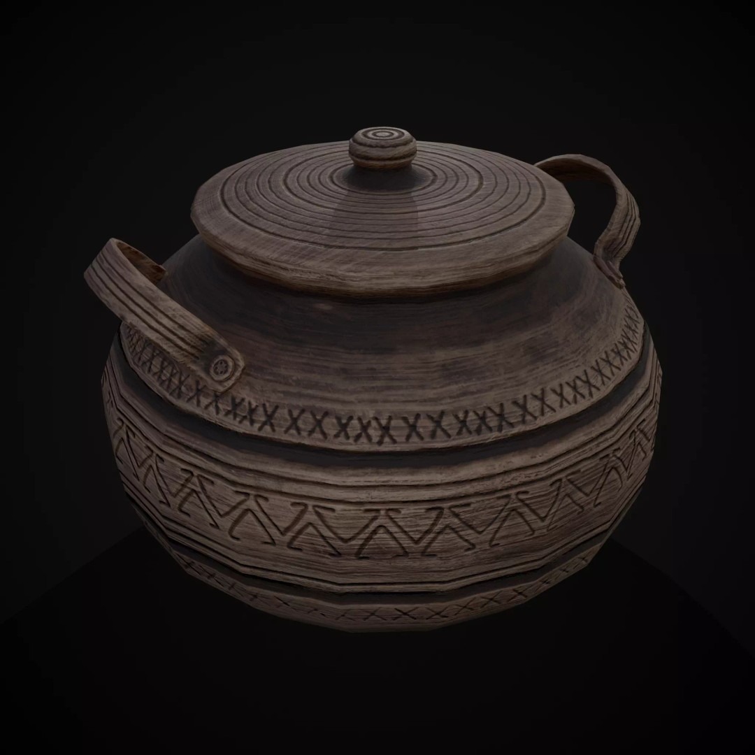 Engraved Clay Pot 3D Model – Low Poly Kitchenware with PBR Textures, FBX/OBJ - View 2