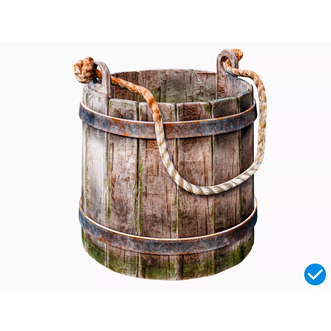 Wooden Medieval Bucket 3D Model – Low Poly PBR Game Asset, FBX - View 2