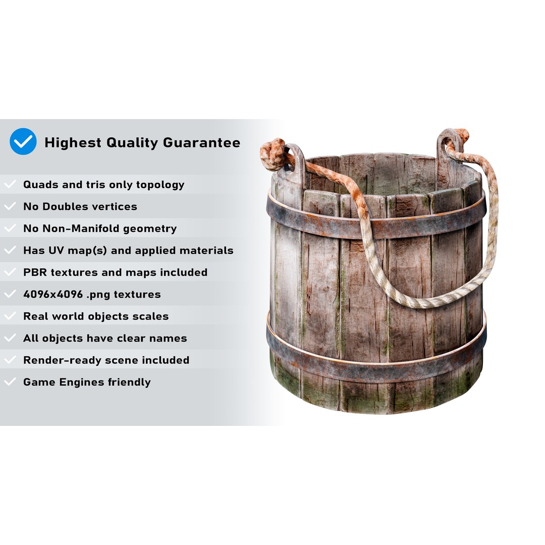 Wooden Medieval Bucket 3D Model – Low Poly PBR Game Asset, FBX - View 3
