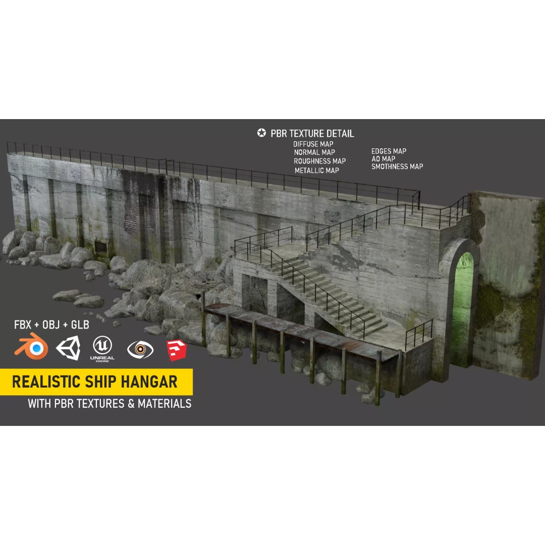 Abandoned Concrete Ship Hangar 3D Model – Low Poly PBR Asset for Games - View 2