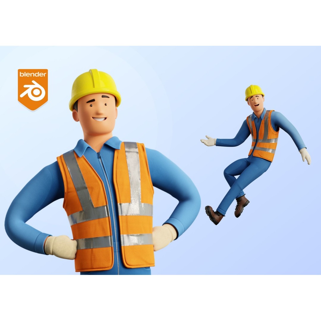 Cartoon Worker Builder 3D Model – Low Poly Rigged Character for Animation