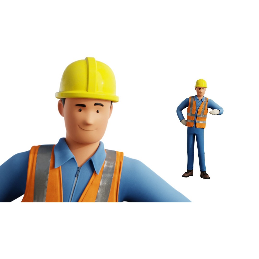 Cartoon Worker Builder 3D Model – Low Poly Rigged Character for Animation - View 10