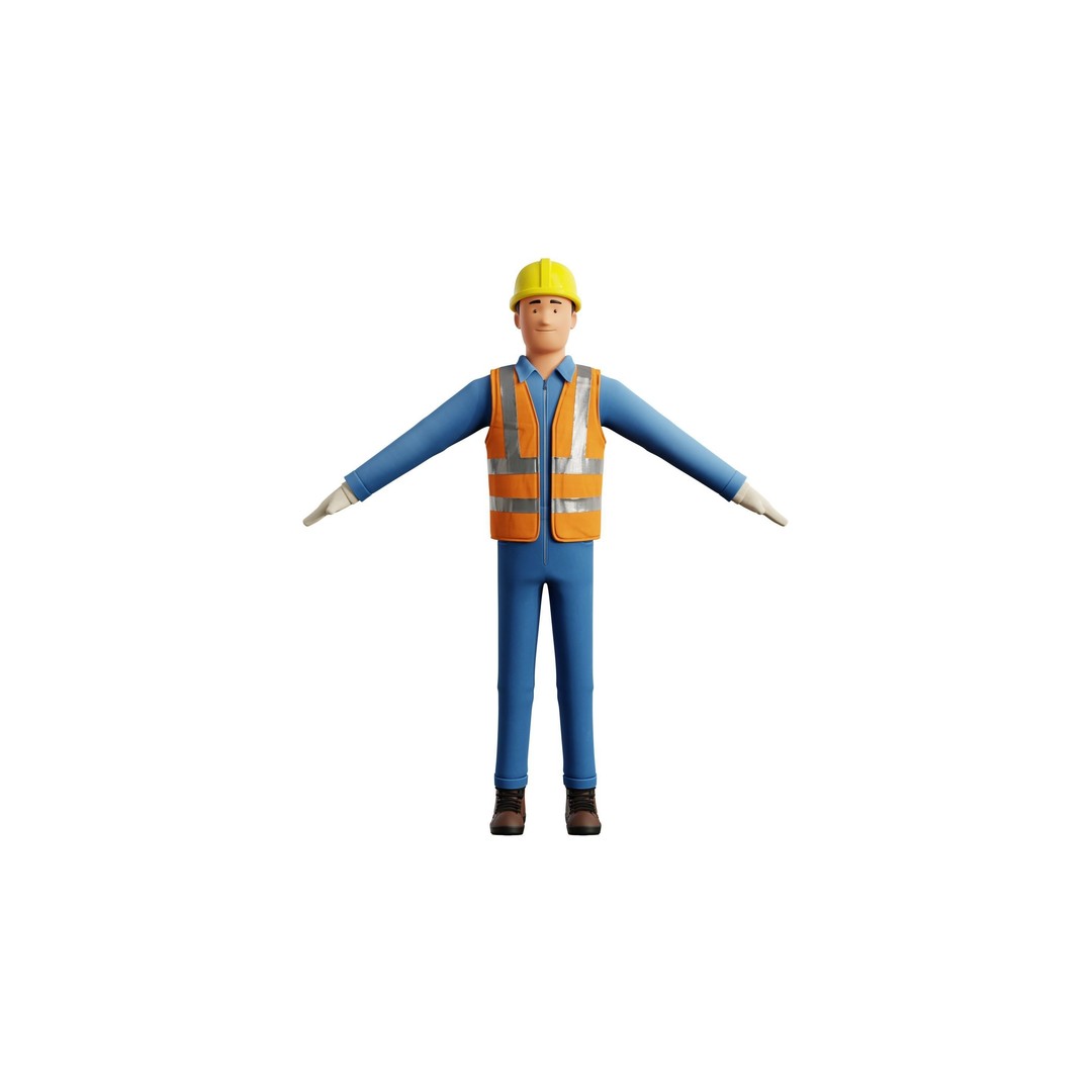 Cartoon Worker Builder 3D Model – Low Poly Rigged Character for Animation - View 16