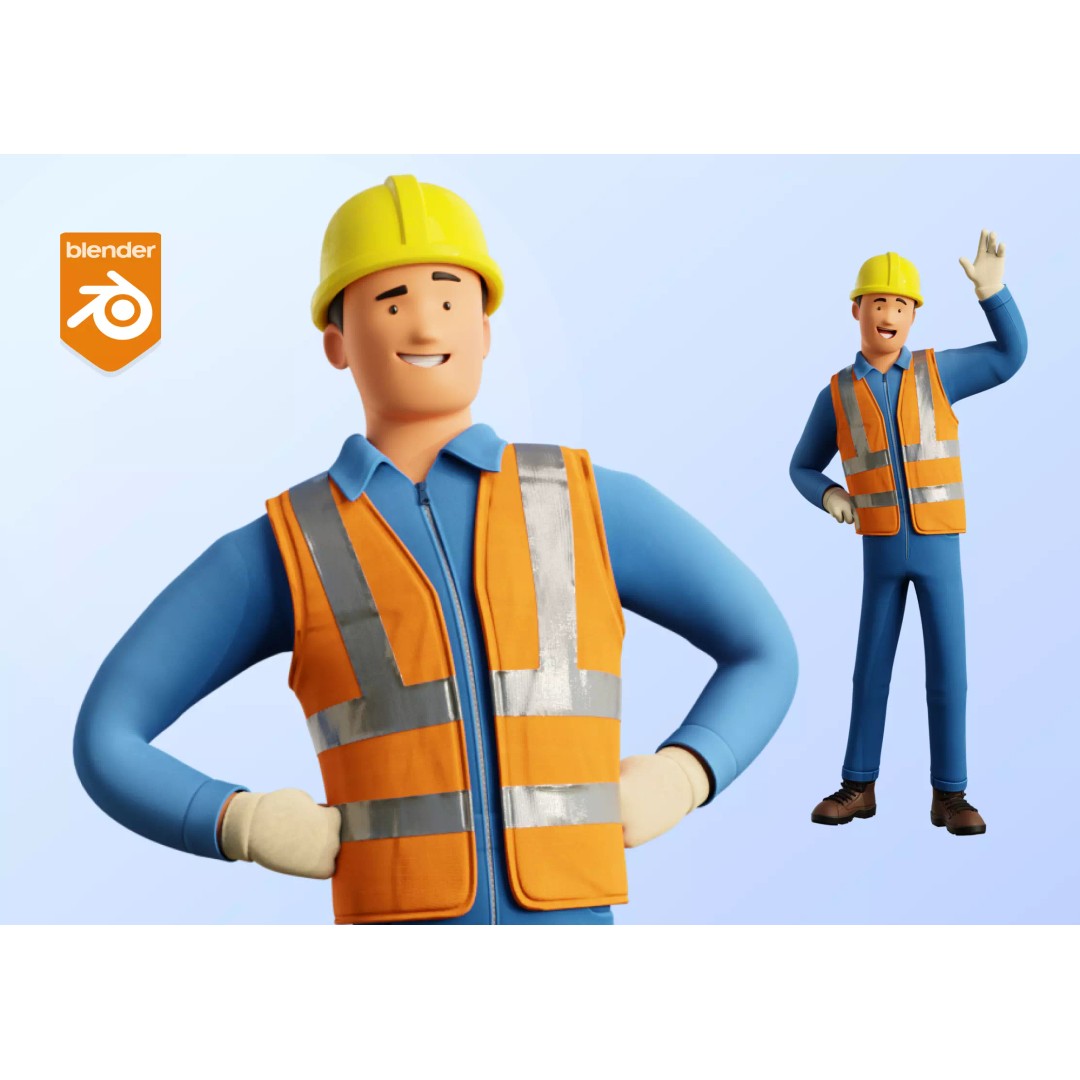 Cartoon Worker Builder 3D Model – Low Poly Rigged Character for Animation - View 2