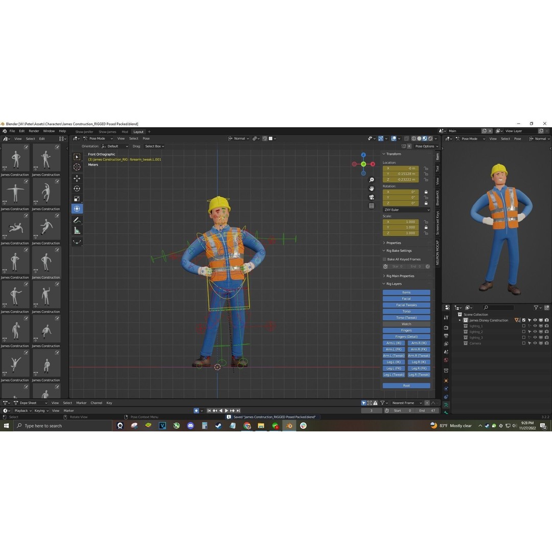 Cartoon Worker Builder 3D Model – Low Poly Rigged Character for Animation - View 3