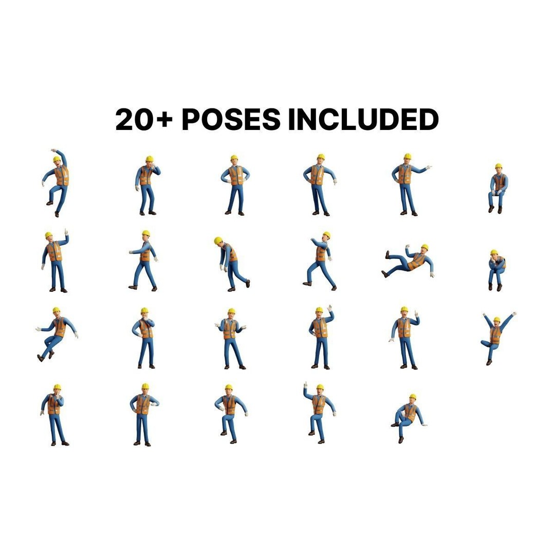 Cartoon Worker Builder 3D Model – Low Poly Rigged Character for Animation - View 4