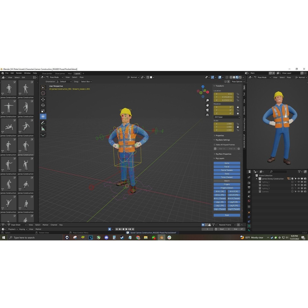 Cartoon Worker Builder 3D Model – Low Poly Rigged Character for Animation - View 5