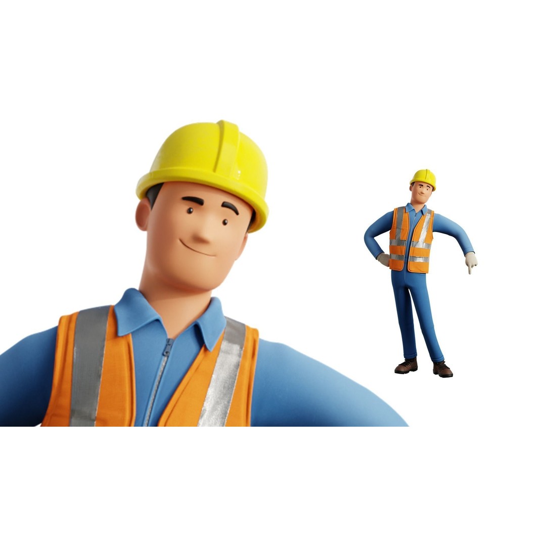 Cartoon Worker Builder 3D Model – Low Poly Rigged Character for Animation - View 8