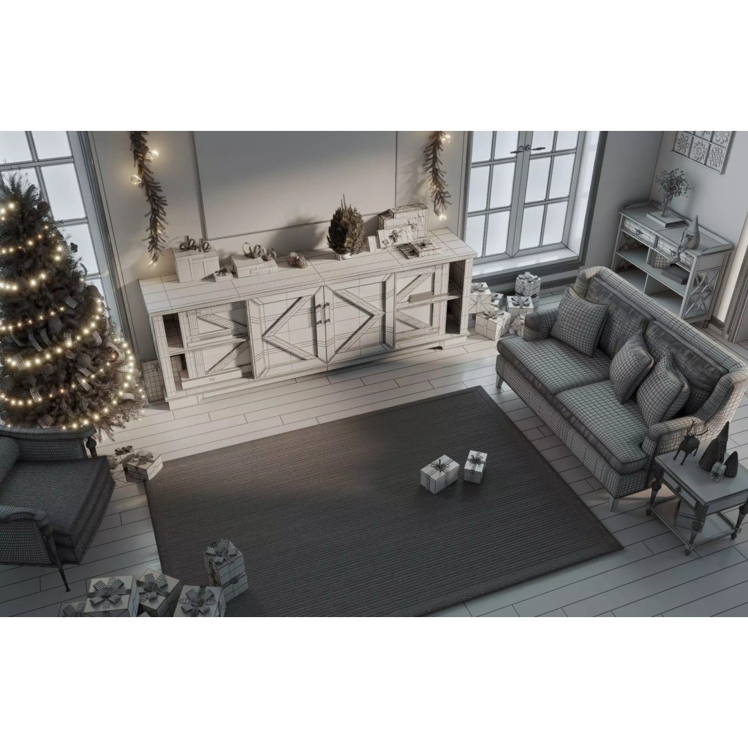 Cozy Christmas Living Room 3D Model – Low Poly PBR Asset, FBX