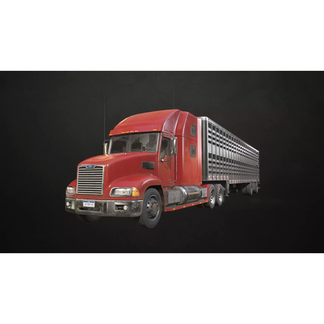 Semi Truck 3D Model – Low Poly Game Ready Livestock Trailer, FBX - View 2
