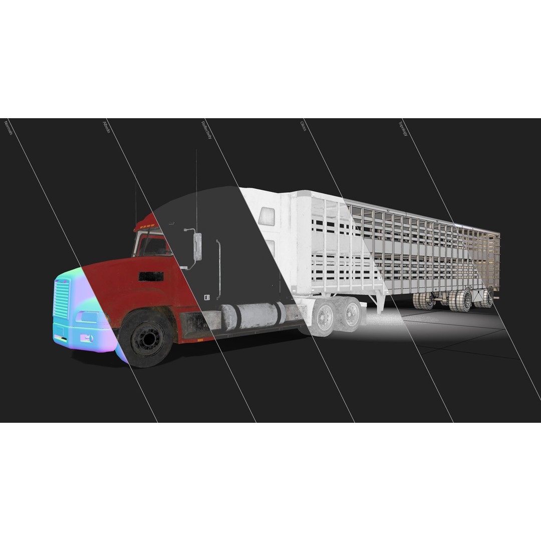Semi Truck 3D Model – Low Poly Game Ready Livestock Trailer, FBX - View 21