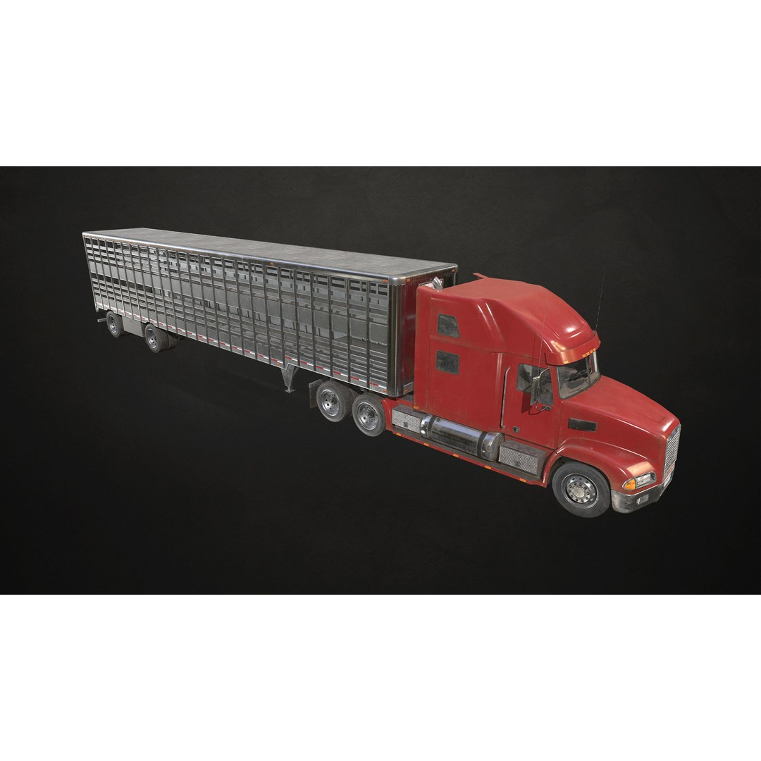 Semi Truck 3D Model – Low Poly Game Ready Livestock Trailer, FBX - View 3
