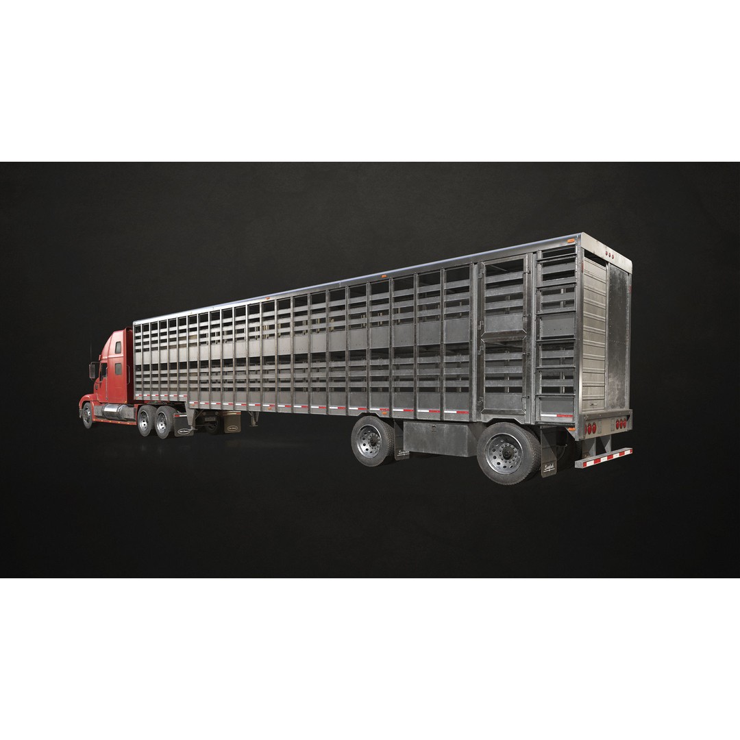 Semi Truck 3D Model – Low Poly Game Ready Livestock Trailer, FBX - View 4