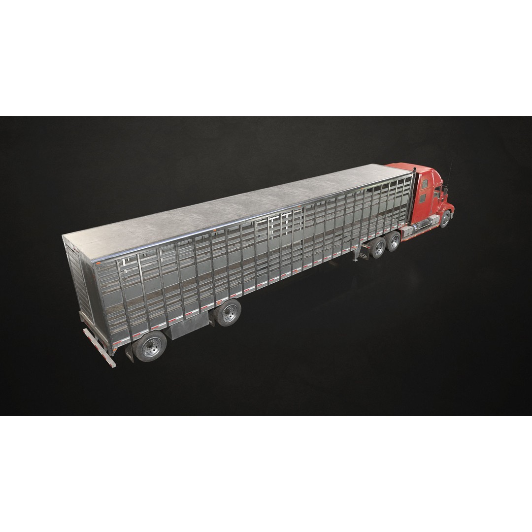 Semi Truck 3D Model – Low Poly Game Ready Livestock Trailer, FBX - View 6