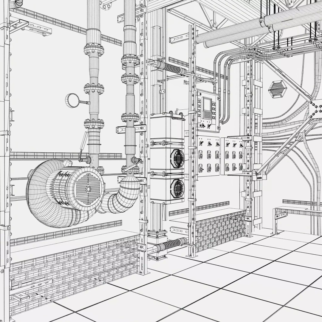 Industrial Factory Room Interior 3D Model – Realistic Engineering Scene, Blender, FBX, OBJ