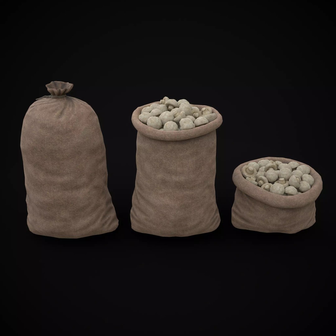 Burlap Sacks of Mushrooms 3D Model – Low Poly PBR Asset, FBX, OBJ - View 2