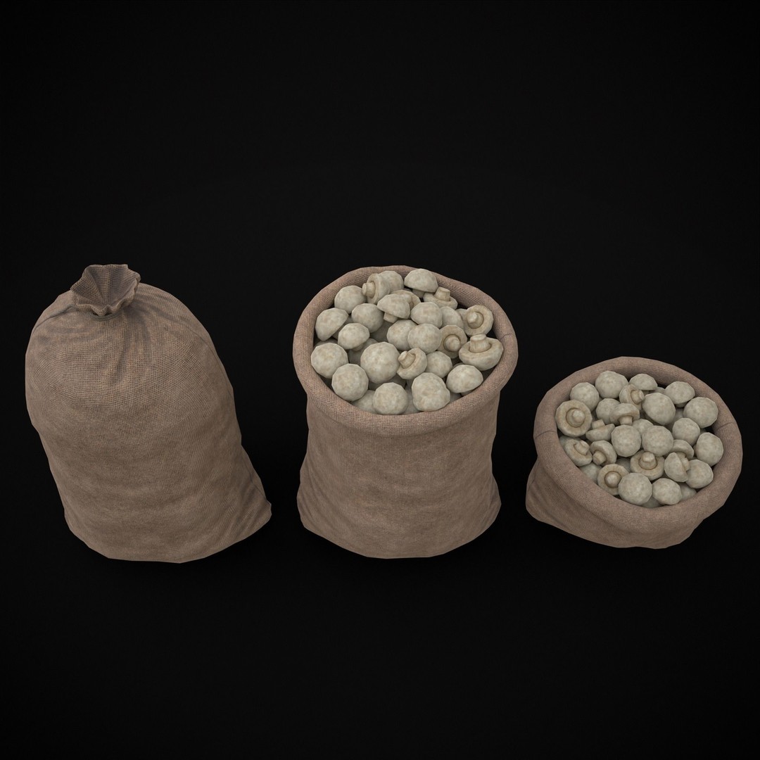 Burlap Sacks of Mushrooms 3D Model – Low Poly PBR Asset, FBX, OBJ - View 4