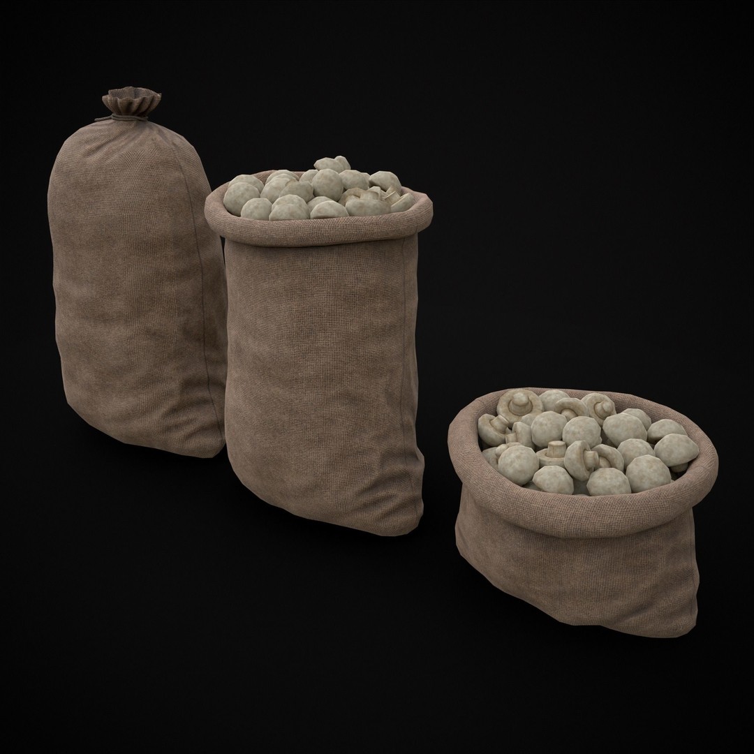 Burlap Sacks of Mushrooms 3D Model – Low Poly PBR Asset, FBX, OBJ - View 8