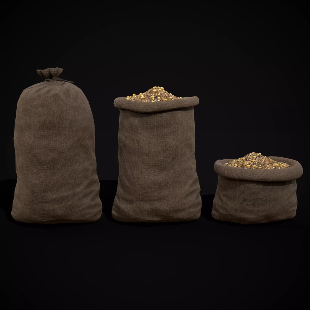 Burlap Sacks of Oats 3D Model – Low Poly Game Asset, FBX, OBJ - View 2