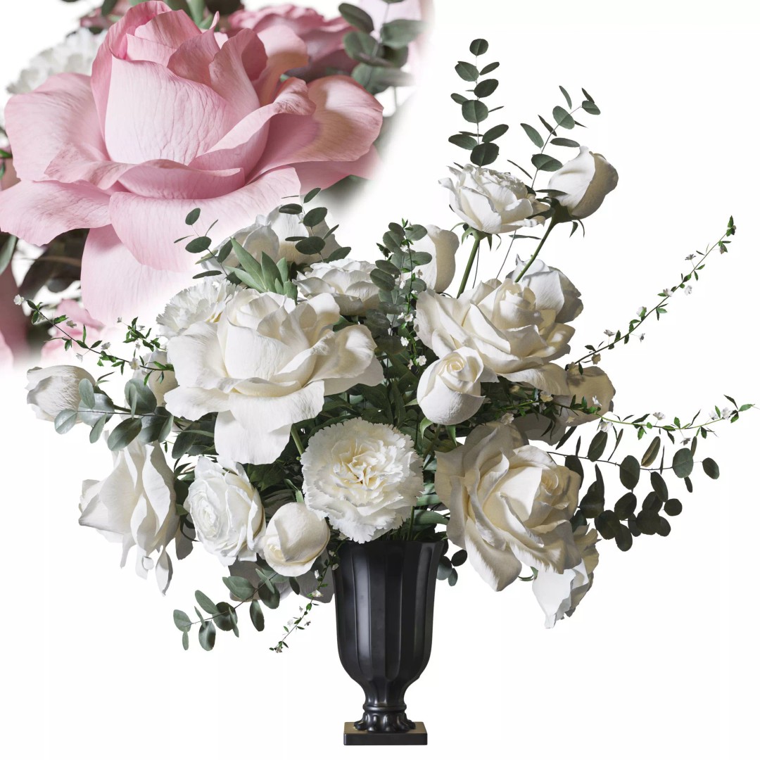 Rose 3D Model – White and Pink Bouquet for Decoration, FBX - View 2