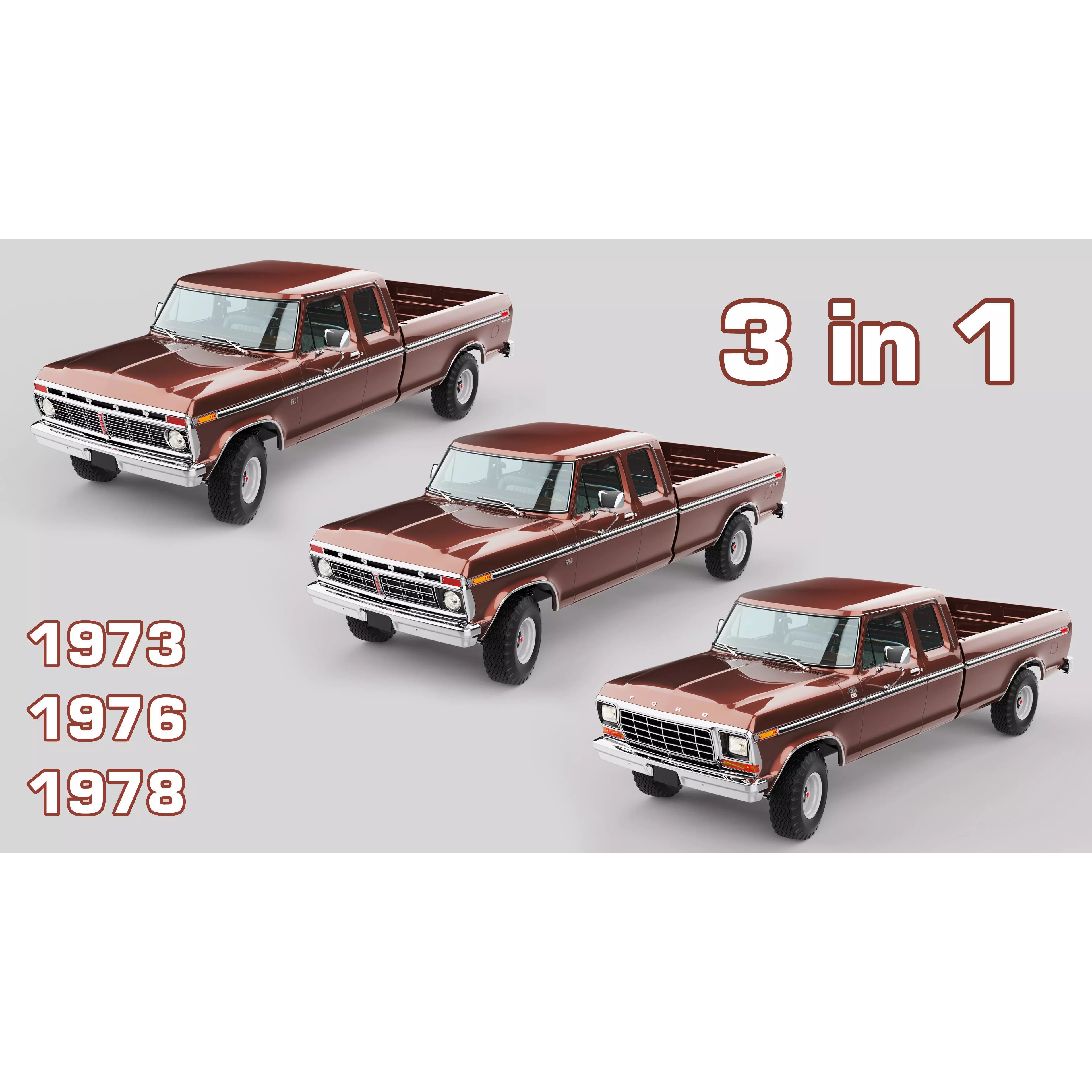 Pickup F250 Super Cab 1973-1978 - Game-Ready 3D Model - View 2