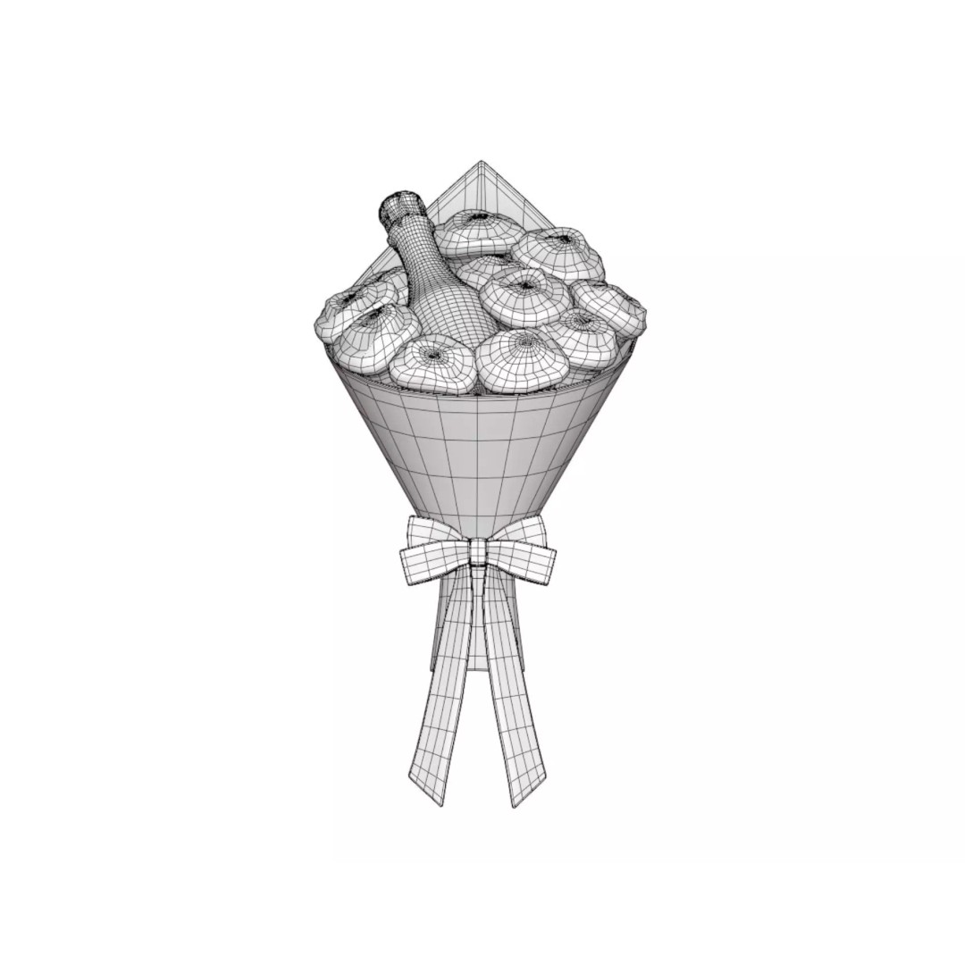Valentines Wine Bottle 3D Model – Low Poly Gift Prop with Bouquet