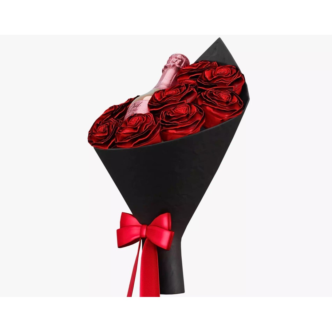 Valentines Wine Bottle 3D Model – Low Poly Gift Prop with Bouquet - View 11