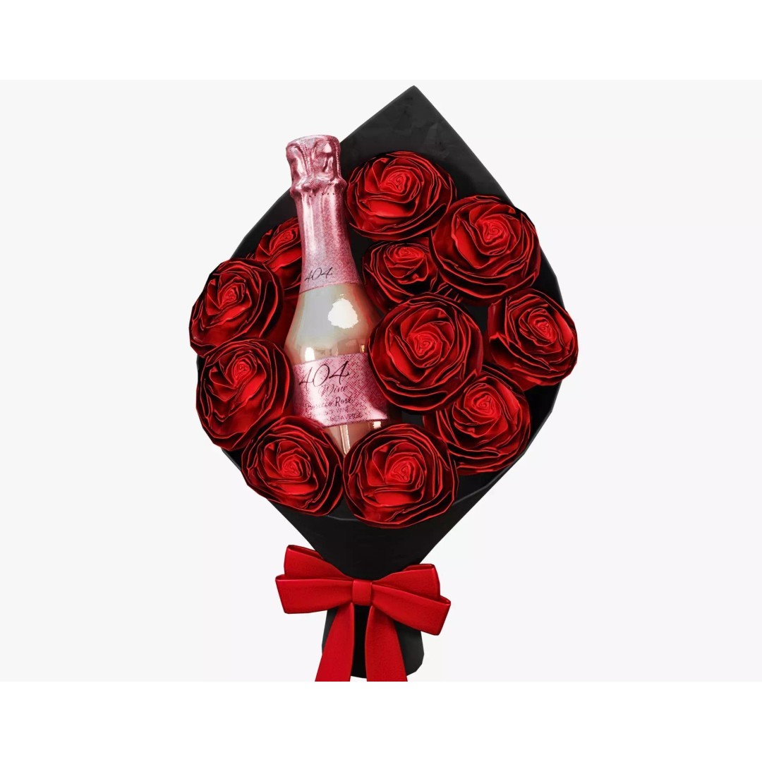 Valentines Wine Bottle 3D Model – Low Poly Gift Prop with Bouquet - View 12
