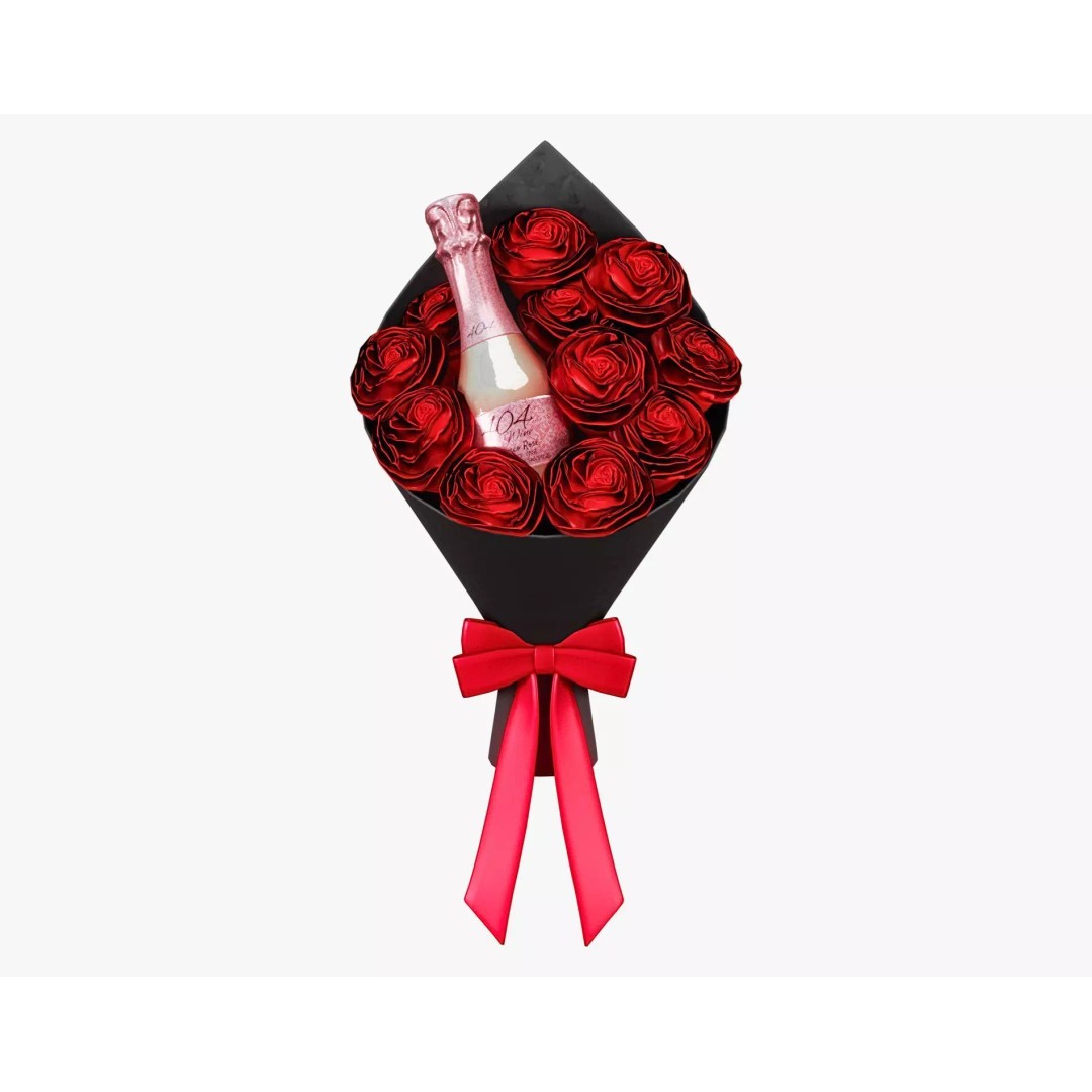 Valentines Wine Bottle 3D Model – Low Poly Gift Prop with Bouquet - View 3