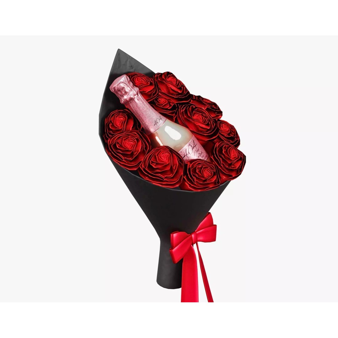 Valentines Wine Bottle 3D Model – Low Poly Gift Prop with Bouquet - View 4