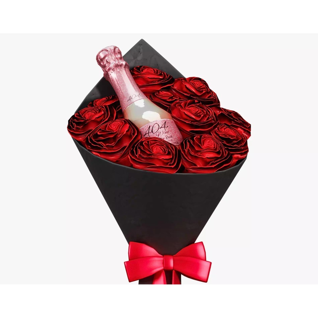 Valentines Wine Bottle 3D Model – Low Poly Gift Prop with Bouquet - View 5
