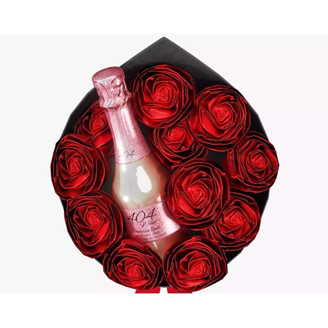 Valentines Wine Bottle 3D Model – Low Poly Gift Prop with Bouquet - View 7