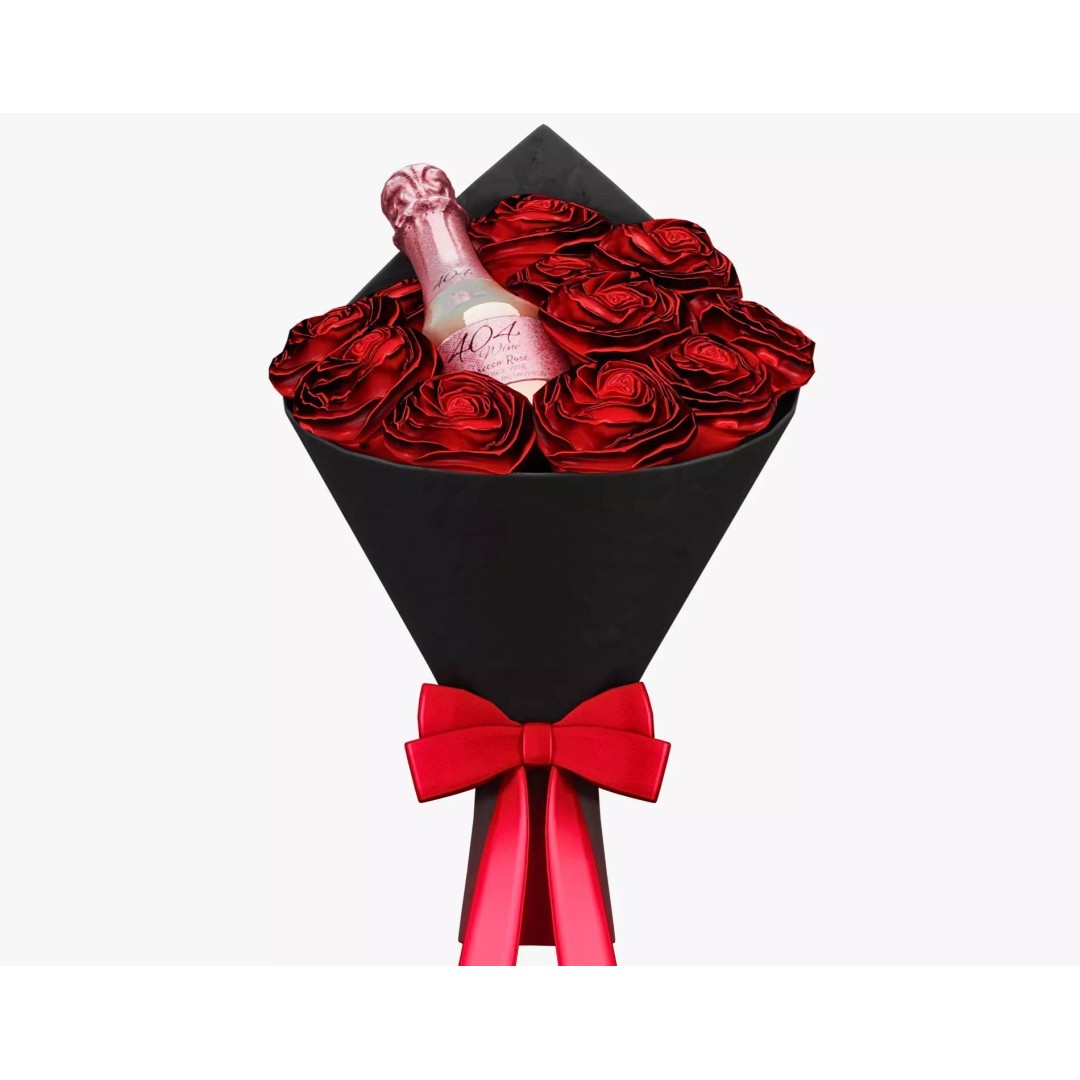 Valentines Wine Bottle 3D Model – Low Poly Gift Prop with Bouquet - View 8