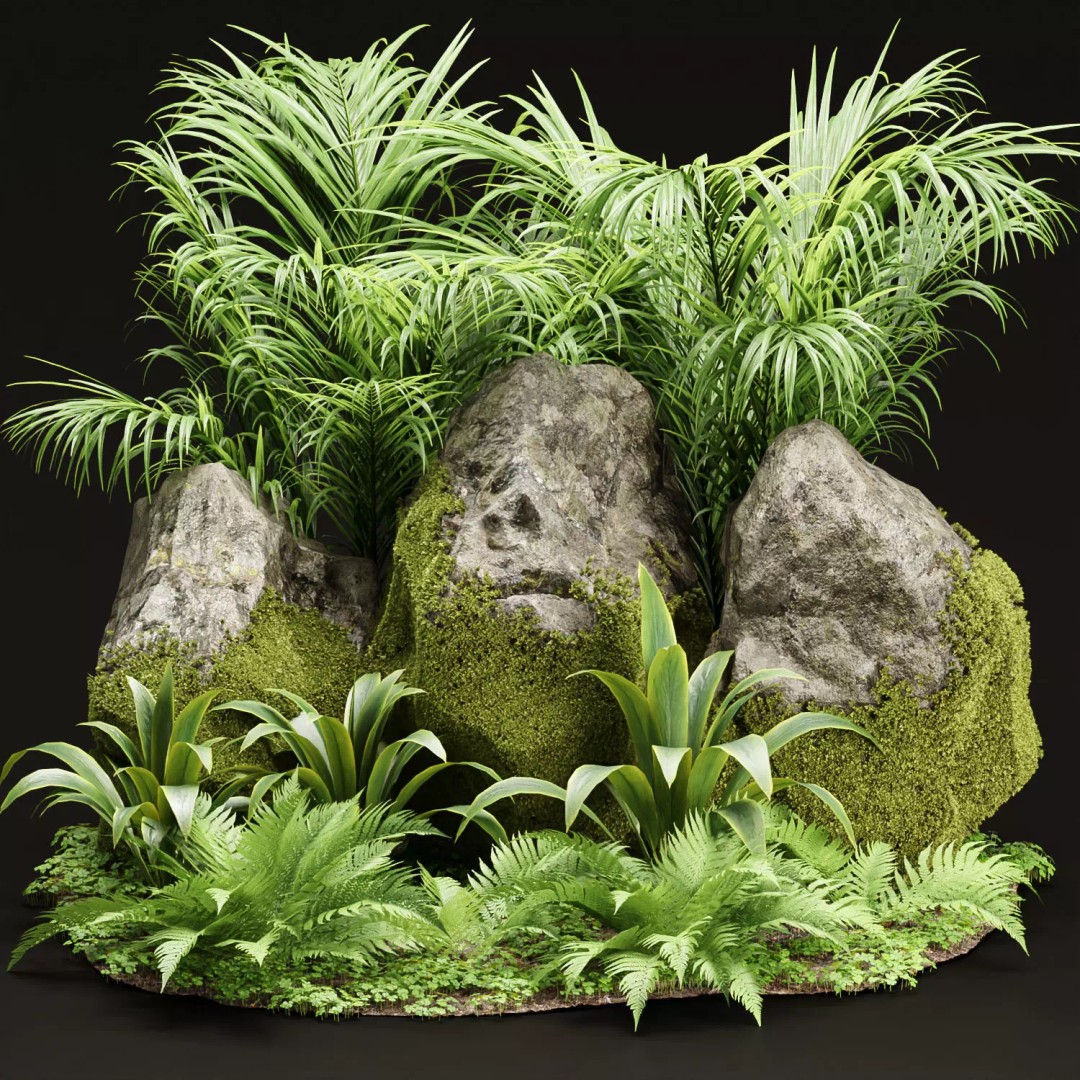 Mossy Garden 3D Model – Low Poly Asset Collection, PBR Textures - View 2