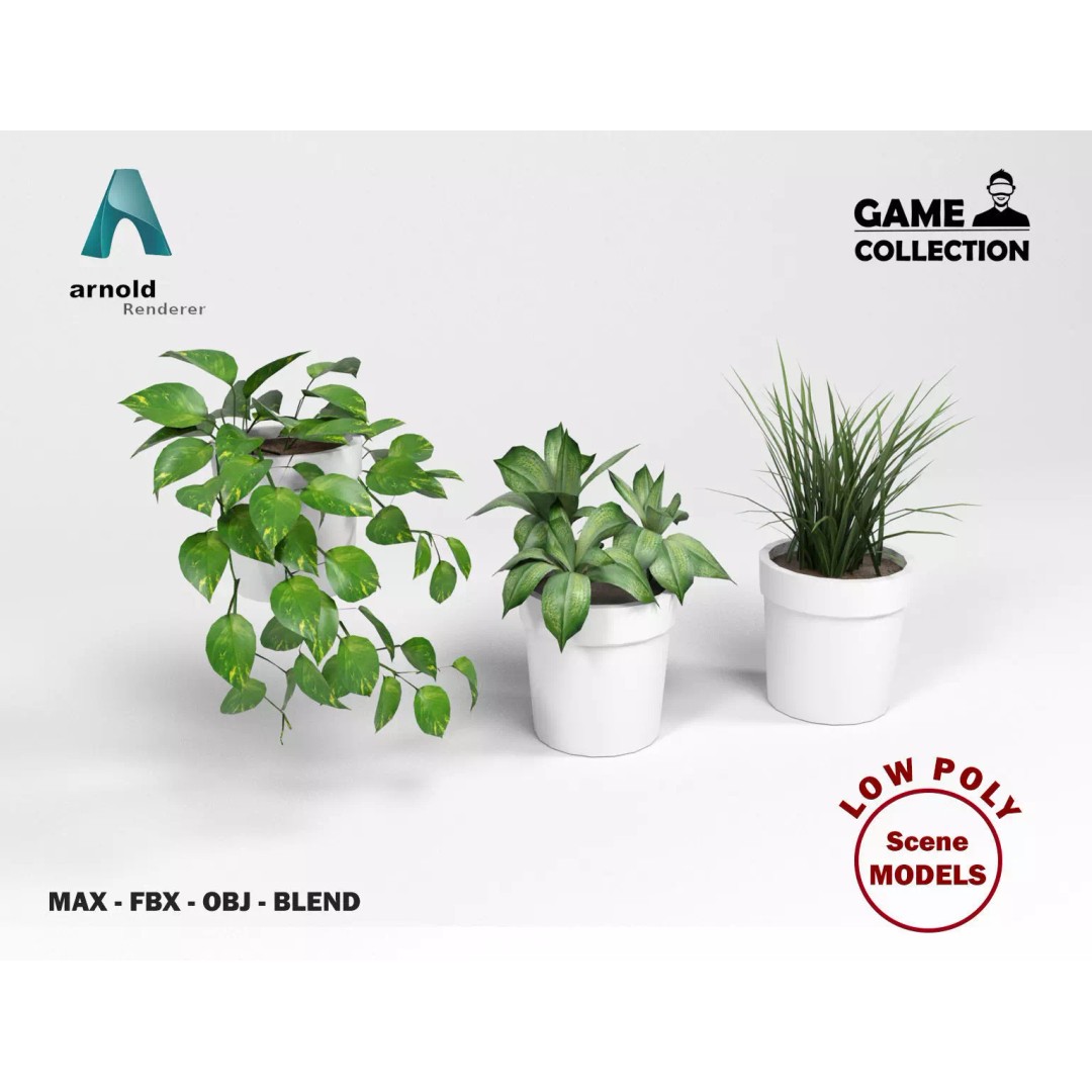 Plants 3D Model – Low Poly Pot Plant Pack, FBX & OBJ Formats - View 2