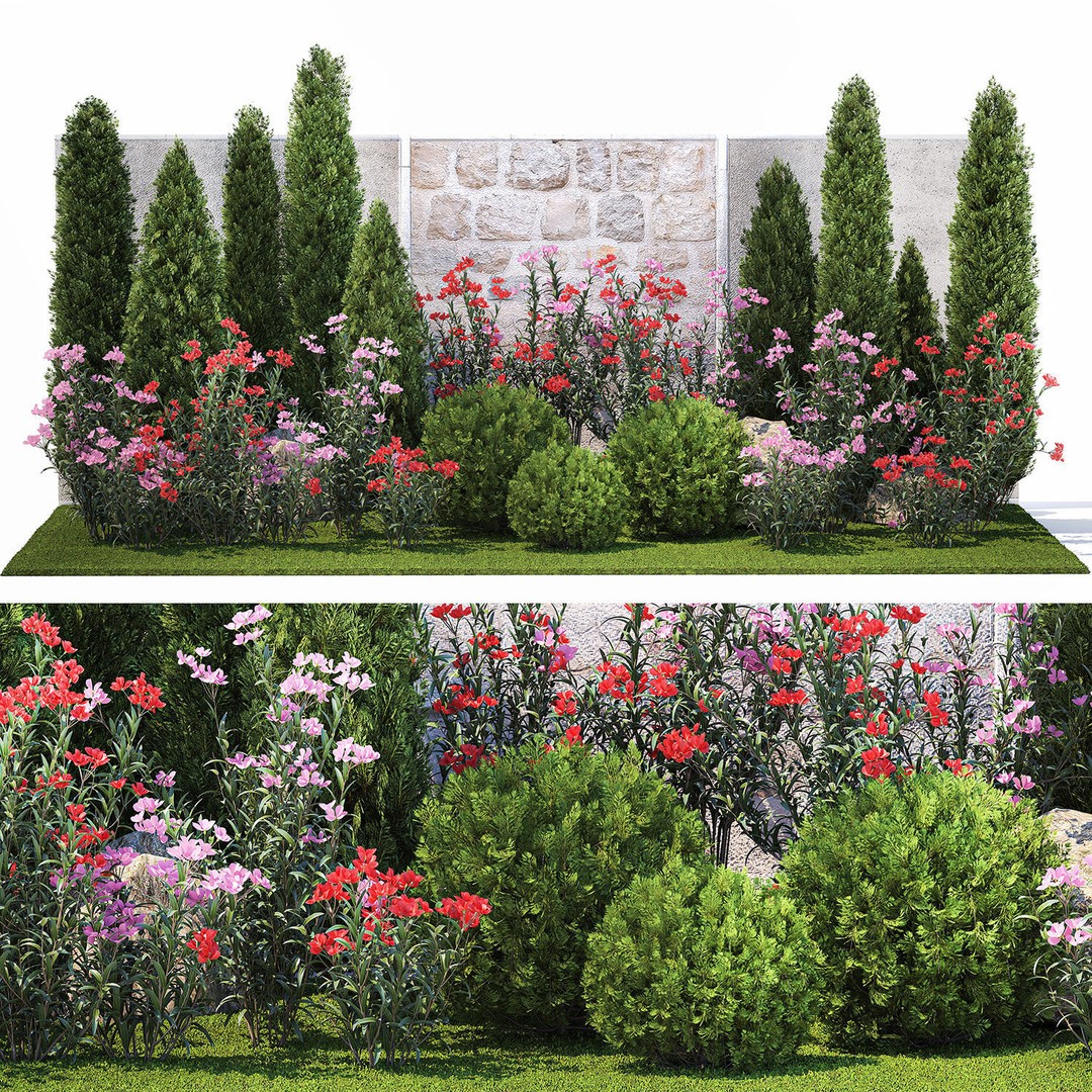 Beautiful Garden 3D Model – Decorative Cypress, Thuja & Oleander - View 7