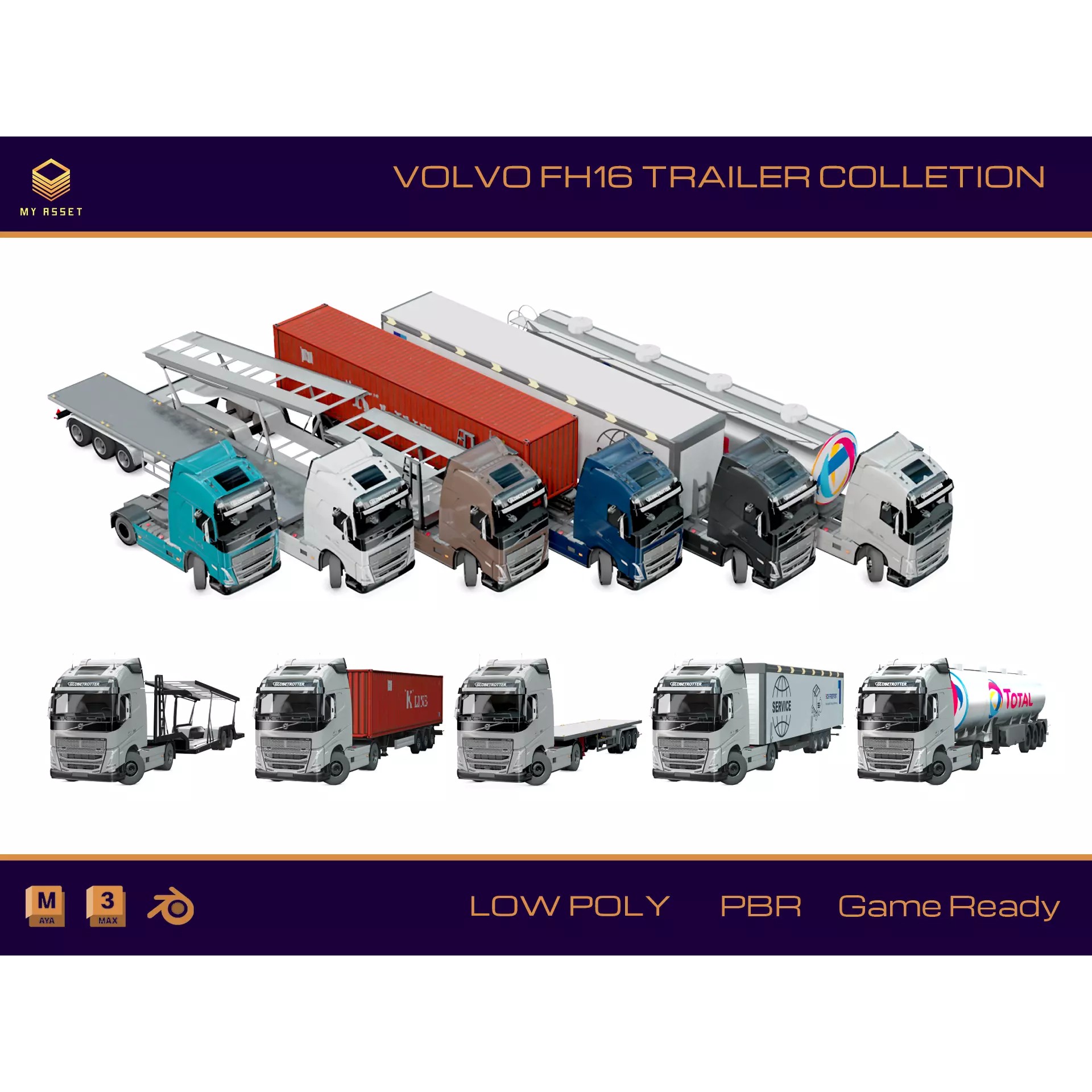 Volvo FH16 Trailer Collection - Low-Poly Game-Ready 3D Model - View 2