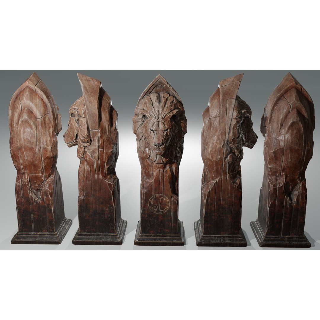 Lion Wooden Statue 3D Model – Low-Poly Artistic Sculpture, PBR Textures - View 7