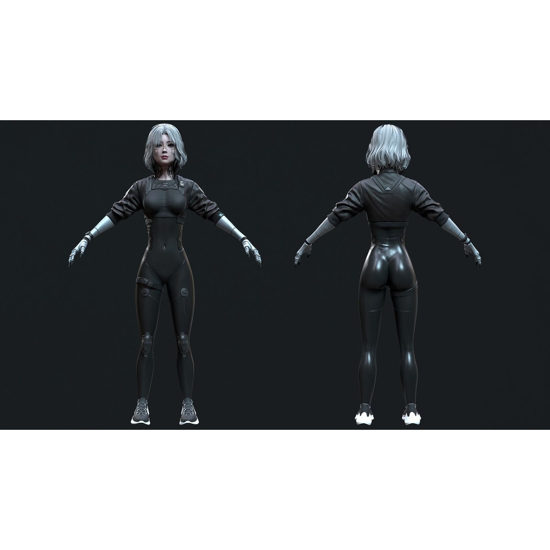 Cyberpunk Girl 3D Model – Low Poly Game-Ready Character, FBX - View 12